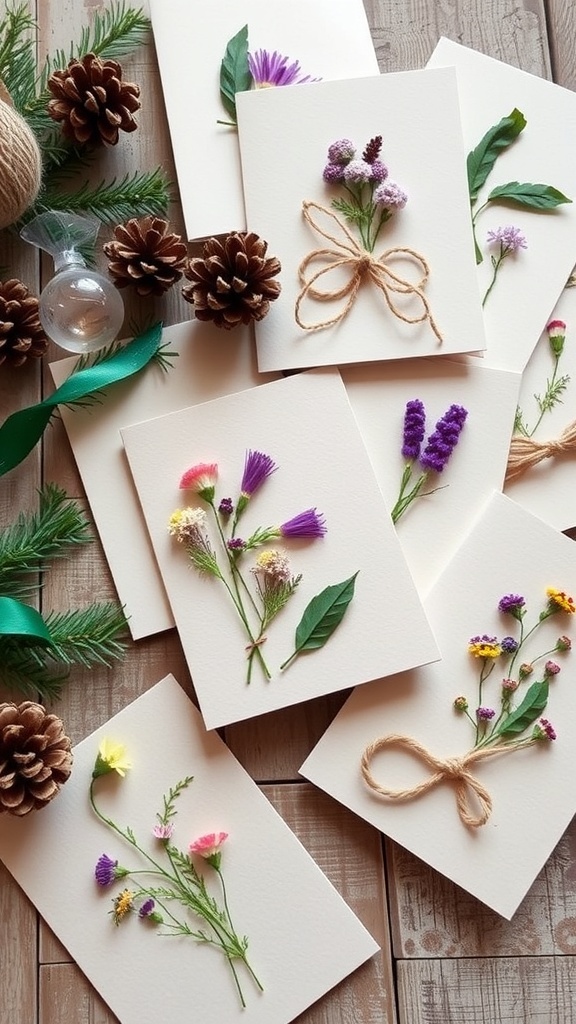 Handmade Christmas cards with dried flowers and twine on a wooden table.